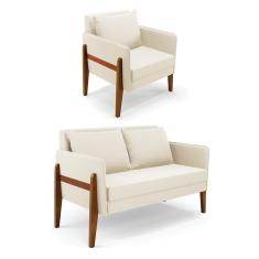 Kit 1 Sofá Namoradeira e 1 Poltrona Lana Veludo Bege Base de Madeira - D'Rossi