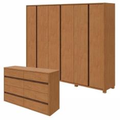 Conjunto de Guarda-Roupa Casal Leder 6 Portas com Pés e Cômoda 8 Gavetas 150x95cm Leder  Amêndoa Clean