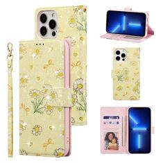 UEEBAI Capa carteira para iPhone 16 Pro Max, capa de telefone de couro PU com suporte e bloqueio de RFID, compartimentos para cartões, alça de pulso, padrão gravado, fecho magnético, flor, carteira