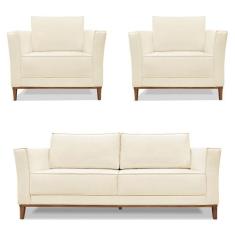 Kit 2 Poltronas e Sofá Living 2 Lugares 1,90m Vega Linho Pés Castanho 