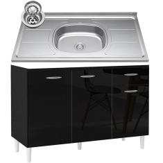 Balcão De Cozinha Com Pia Inox 120cm 3 Portas Classic P11 Preto - Mpozenato