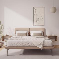 Base Box Cama Japonesa Toquio Casal com Cabeceira Almofada Linho Bege 