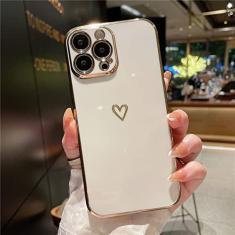 Estojo macio à prova de choque para celular Plating Love Heart para iPhone 14 13 12 11 Pro Max X XR XS 7 8 Plus SE 3 Lens Camera Protective Cover, White, For iPhone 14ProMax