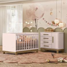 Quarto de Bebê Qencanto Slim com Cômoda 4355 e Berço Mini Cama 4315 Qmovi Rosa Acetinado