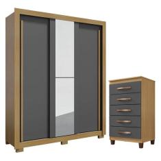 Guarda Roupa Solteiro Nevoa Flex 3 Portas de Correr com Espelho e Cômoda Cannes 5 Gavetas Carvalho Americano Grafite - Incorplac