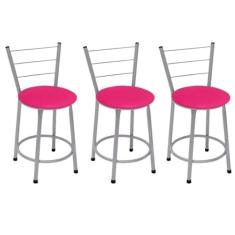 Kit 3 Banquetas Baixas Prata com Encosto Assento Rosa