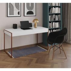 Escrivaninha Home Office Estilo Industrial Branca 137X53Cm Base Cobre Com 1 Poltrona Preta