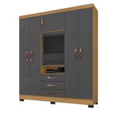 Guarda Roupa De Casal 6 Portas e 3 Gavetas Com Espelho Devon - Carvalho Americano - Grafite - ÉdeCasaMóveis