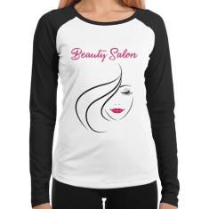Baby Look Raglan Beauty Salon Manga Longa - Foca na Moda, Branco, Pret