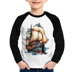 Camiseta Raglan Infantil Navio Vintage Manga Longa - Foca na Moda, Bra