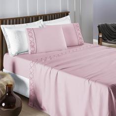 Jogo de Lençol Bordado Titanium King 4 Peças Barato - Rosa - 100% Poli