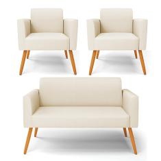 Sofá Namoradeira com 2 Poltronas Pés Palito Castanho Marisa Linho Bege A19 D03 - D'Rossi