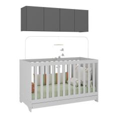 Berço 3 Em 1 Com Colchão E Armário Aéreo 4 Portas Multimóveis Mp4158 Branco/grafite Branco/grafite