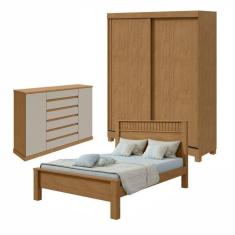 Quarto com Guarda-Roupa Casal 2 Portas 2 Gavetas, Cômoda 2 Portas 7 Gavetas e Cama Athenas Amêndoa Clean/Off White