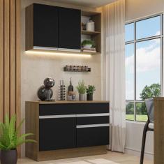 Armário de Cozinha Compacta 120cm Rustic/Preto Glamy Madesa 08, Rustic