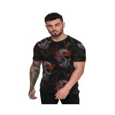Camiseta Masculina Skull Flower Preta Top - Di Nuevo, Preto, XXG
