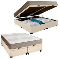 Cama Box Baú Casal Bipartido Sintético + Colchão De Molas Ensacadas Portobel Ipanema 138x188x66cm Bege