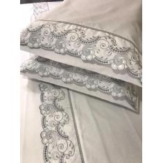 Jogo Lençol Queen Barrado Richilieu Percal 200 Fios 4 Peças Toque Maci