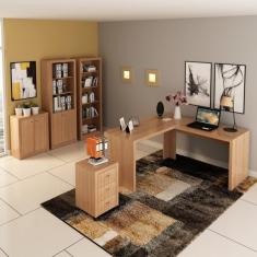 Kit 5 Peças Com Mesa Em L, Armário Alto, Gaveteiro, Estante E