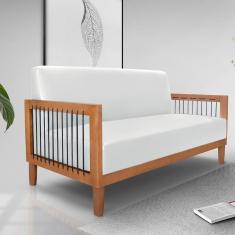 Sofá Namoradeira 2 Lugares Sala De Estar Pés Madeira Maciça Corda Náutica Preta 160cm Manila Pu Branco