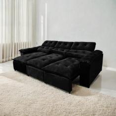 Sofá Retrátil e Reclinável 2,75m em Tecido Veludão Com Pillow nos Braç