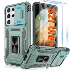 ATUMP Capa para Samsung Galaxy S21 Ultra com [2 unidades] protetor de tela HD com capa deslizante para câmera, anel de rotação de 360° com suporte [grau militar] capa protetora à prova de choque para