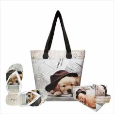 Kit Pet Feminino Cachorrinho de Chapéu com Bolsa, Necessaire e Chinelo, Magicc