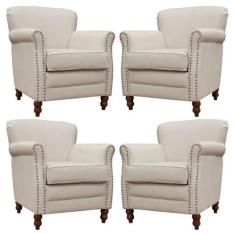 Kit 04 Poltronas Decorativas Sala de Estar Brunei Pés Madeira Couro Of