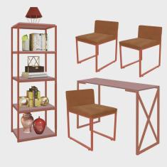 Kit Escritório Bex 3 Cadeiras Suede Terracota com 1 Mesa e 1 Livreiro Ferro Bronze mdf Rose Rosa - Ahazzo Móveis