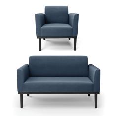 Sofá Namoradeira Com Poltrona Base De Madeira Fixa Preto Marisa Suede Azul Marinho D03 - D'Rossi