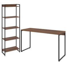 Kit Escritório Estante 5 Prateleiras Com Mesa 135Cm Nogal