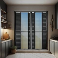 Porta de Correr Venez. 6 Folhas Moveis 210 X 200 Elite com Fechadura Tetra Vidro Reflex Mix Preto