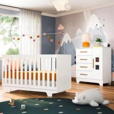 Quarto de Bebê Completo 1 Berço Minicama com Colchão Life 1 Cômoda Fly Tigus Baby Branco