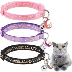 DILLYBUD Pacote com 3 coleiras separadas para gatos com sino - Colar de gato de primavera com pingente de margarida para meninas e gatos com fivela de segurança - Coleira de gatinho ajustável 20 a 30 cm para filhotes pequenos animais de estimação