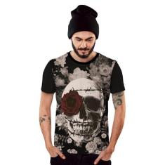 Camiseta Caveira Floral com Coroa de Espinhos e Rosa Vermelha - Di Nue