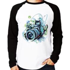 Camiseta Raglan Câmera Fotográfica Manga Longa - Foca na Moda, Branco,