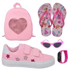 Tênis Infantil Feminino Estrela Detalhe Bordado Estiloso +Chinelo+Ócul