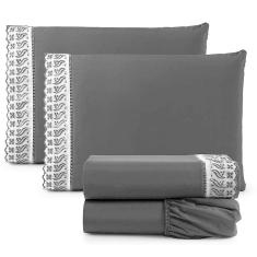 Jogo De Lençol Queen 4 Peças Basic Percal 180 Fios Lese Bordado Inglês - Preto