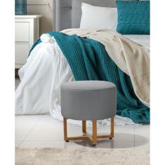 Banqueta Redonda Tecido Veludo Cinza Com Pes de Ferro Estilo Industrial Cobre