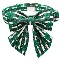 Maca Bates Coleira para cachorro Dia de São Patrício com laço/flor/gravata borboleta, coleira ajustável de trevo para cães pequenos, médios e grandes com fivela de metal