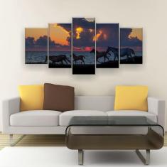 Quadro Decorativo Cavalos Fundo Lago 129X61 5 Peças - Imperio Dos Quad