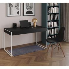 Mesa de Escritório Industrial Malta Preta 137x53cm Base Ferro Branco c