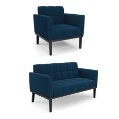 Namoradeira E Poltrona Base Madeira Fixa Pto Elisa Bouclê Azul D03 - D`rossi