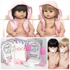 Boneca Reborn Gêmeas Loira Morena de Vinil + 26 Acessórios - Cegonha R