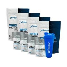 4x Whey 100% 2.1 Kg (8.4kg)+ 4 Creatina 300g (1,2kg)+ Coqueteleira 700