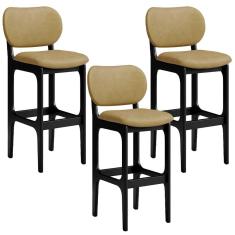 Kit 3 Banquetas Alta Bar Cozinha Sala Jantar Fixa Betta L02 Preto Couríssimo Casco F - Lyam Decor
