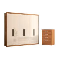 Kit Guarda Roupa e Cômoda Melbourne 6 Portas 8 Gavetas MDF Amêndola Off White Demóbile