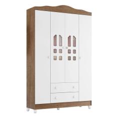 Guarda Roupa Infantil New Selena 4 Portas 2 Gavetas MDP-MDF Branco Acetinado Amadeirado Carolina Baby
