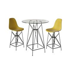 Jogo Mesa Bistrô Eames Vidro 60Cm 2 Banquetas Amarela Base Ferro Preto - Cor: Branco