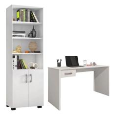Mesa para Computador Gávea com Gaveta e Livreiro Office com Portas Pequenas Branco Trama - Móveis Leão